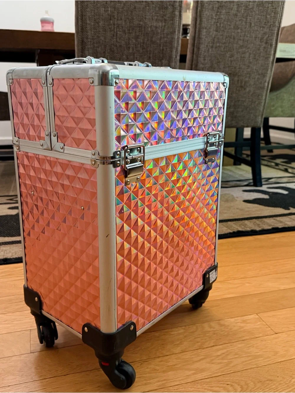 Portable Pink Holographic Makeup Case with Wheels